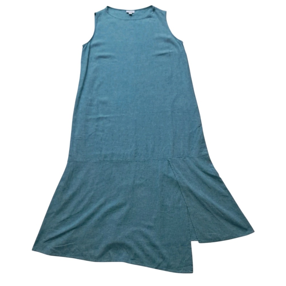 J Jill Pure Dress Women's Large Teal Maxi 55% Linen Asymmetric Lagenlook Pockets
